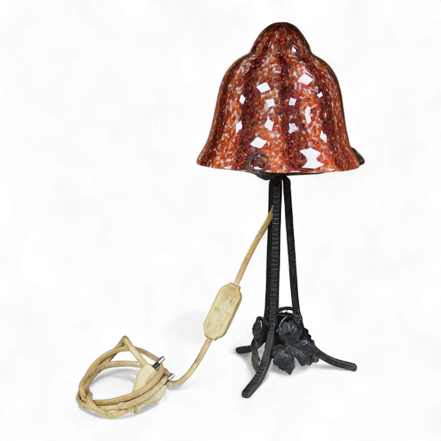 An Art Deco iron lamp with opaline glass shade, 33cm high